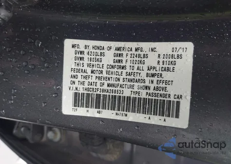 2017 Honda Accord Lx z USA, uszkodzony, nr VIN 1HGCR2F38HA269533